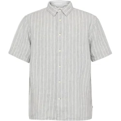 Knowledge Cotton Relaxed linen stripe short sleeve shirt - grey stripe 