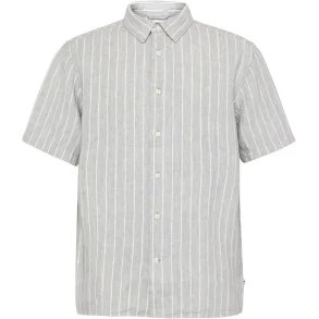 Knowledge Cotton Relaxed linen stripe short sleeve shirt - grey stripe 