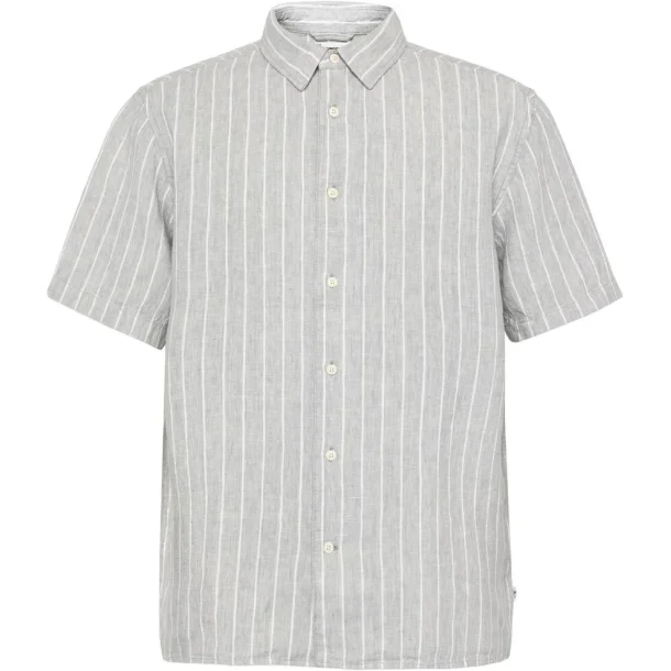 Knowledge Cotton Relaxed linen stripe short sleeve shirt - grey stripe 