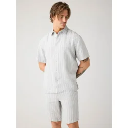 Knowledge Cotton Relaxed linen stripe short sleeve shirt - grey stripe 