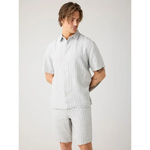 Knowledge Cotton Relaxed linen stripe short sleeve shirt - grey stripe 