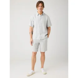 Knowledge Cotton Relaxed linen stripe short sleeve shirt - grey stripe 