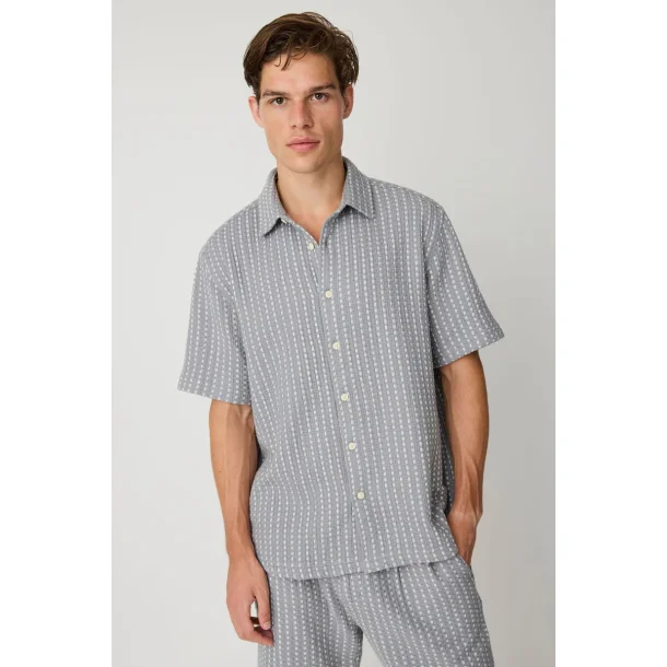 Knowledge Cotton Breeze comfort structure short sleeve shirt - grey stripe 1090232