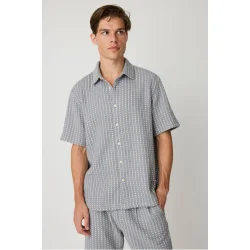Knowledge Cotton Breeze comfort structure short sleeve shirt - grey stripe 1090232