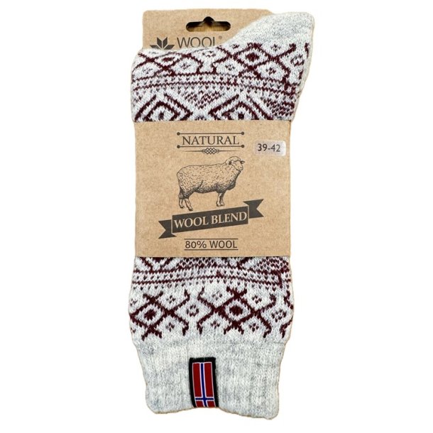 11 Uldsokker m/ norsk flag WOOLWEAR of Scandinavia 80% uld - gr/bordeaux.