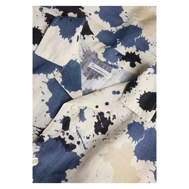 Knowledge Cotton Water is life - Short sleeve linen shirt 1090115 - blue