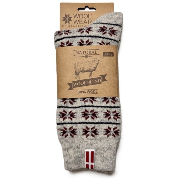 22 Uldsokker m/ dansk flag WOOLWEAR of Scandinavia 80% uld - gr/bordeaux