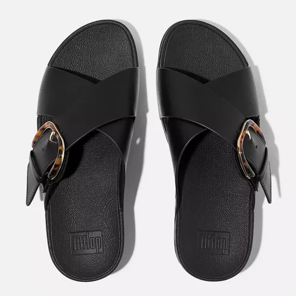 Fitflop LULU Resin Buckle Leather Cross Slides - sort JE8-090